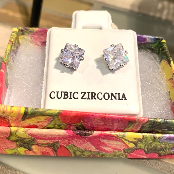 Cubic Zirconia Square Studs - Picture 2 of 9